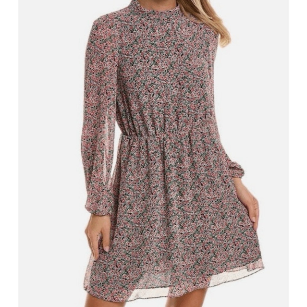 Boden High Neck Flippy Mini Dress Ditsy Floral Print Long Sleeve Office US 8R